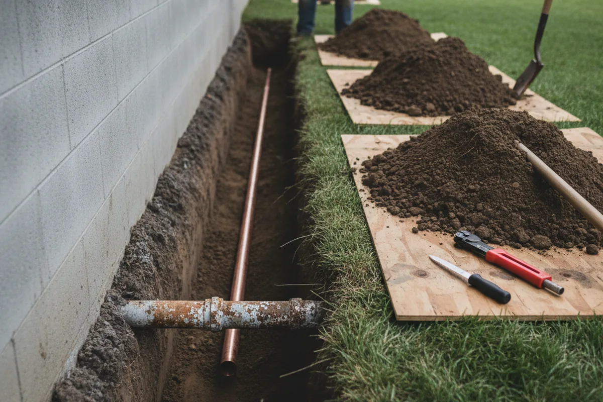 Excavated water line trench during Sewer Line Repair in Highland Park